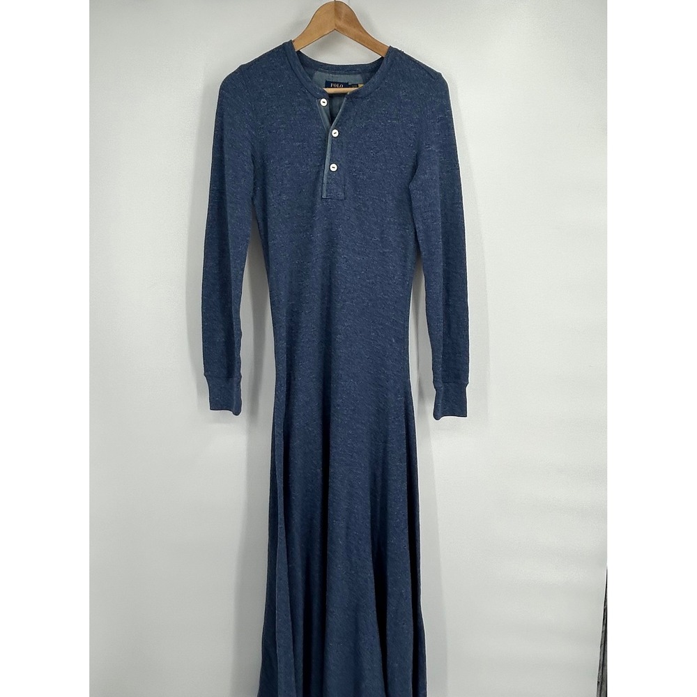 Polo Ralph Lauren Blue Henley Maxi Dress Suede Elbow Patches Long Sleeve S